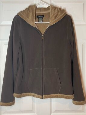 Women's Large Brown Fleece Faux Fur Trimmed Full Zip Lined Hoodie Y2K - E-Studio